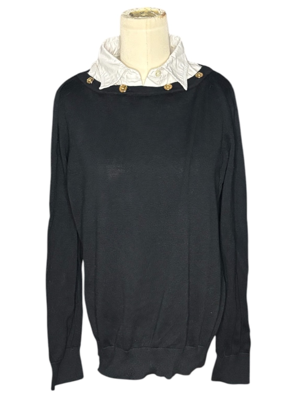 Lauren Ralph Lauren Black Layered Collar Gold Button Sweater - Picture 2 of 4